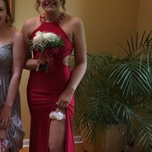Size 6 Backless Red Beaded Prom Dress